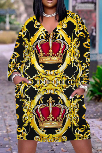 Casual Print Patchwork V Neck Long Sleeve Dresses