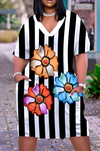 Casual Print Basic V Neck Short Sleeve Dress
