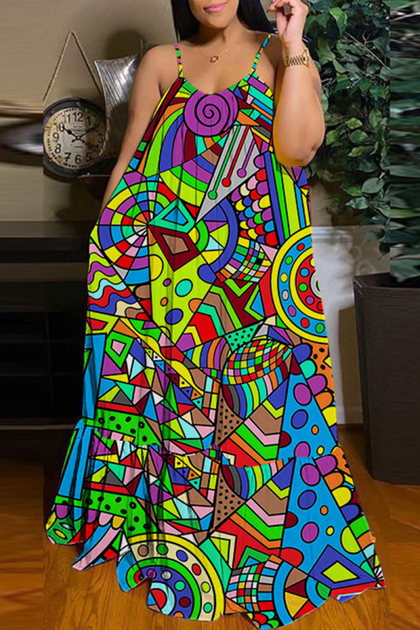 Graphic Print Sleeveless Plus Size Casual Loose Vacation Maxi Dress
