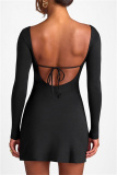 Sexy Casual Solid Frenulum Backless U Neck Long Sleeve Dresses