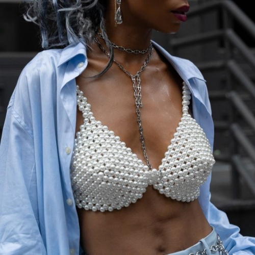 Sexy Solid Patchwork Backless Pearl Accessories (Waistline 33.85in+5.9in)