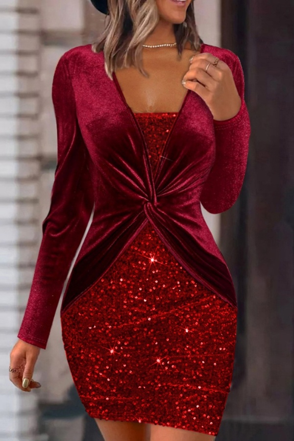 Sexy Casual Solid Sequins Patchwork V Neck Long Sleeve Dresses