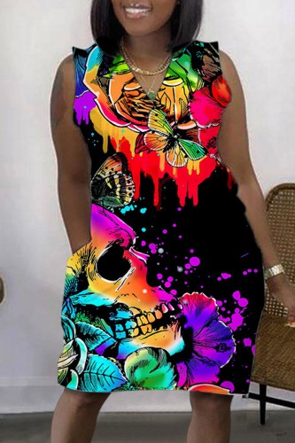 Casual Print Basic V Neck Sleeveless Dress Dresses