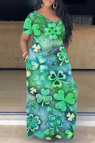 Casual Print Basic V Neck Long Dress Plus Size Dresses