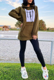 Khaki Fashion Casual Print Patchwork Hooded Collar Tops