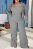 Grey Fashion Sportswear Solid Patchwork Hooded Collar Plus Size Three Pieces