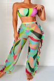 Geometric Print Sleeveless Backless Vest and Pants Set Vacation Swimsuit Three Piece Set With Paddings