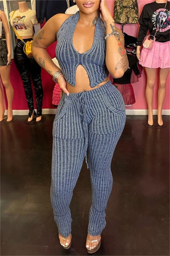 Sexy Striped Backless Halter Sleeveless Two Pieces
