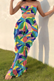 Geometric Print Sleeveless Backless Vest and Pants Set Vacation Swimsuit Three Piece Set With Paddings