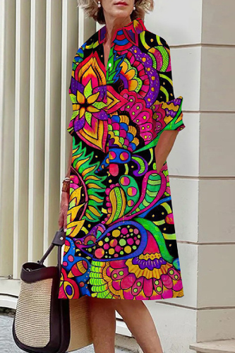 Casual Print Basic Shirt Collar Long Sleeve Dresses