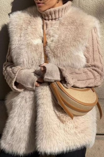 Khaki Faux Fur Casual Solid Cardigan Winter Waistcoats