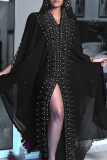 Casual Patchwork Hot Drilling See-through Asymmetrical Hooded Collar Long Dress Plus Size Dresses