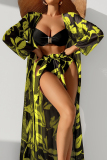Floral Print Colorblock Long Sleeve Cardigan Cami Bra Shorts Vacation Beach Swimsuit Three Piece Set