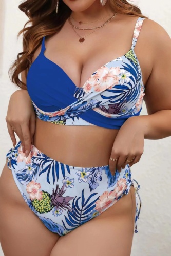 Sexy Print Patchwork Frenulum Backless Spaghetti Strap Plus Size Swimwear (With Paddings)