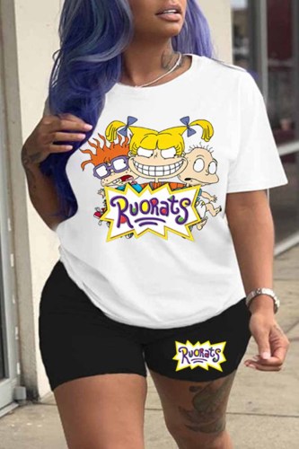 Street Character Print Letter O Neck Short Sleeve Two Pieces