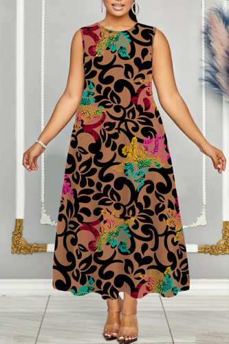 Casual Print Basic O Neck Long Dress Plus Size Dresses