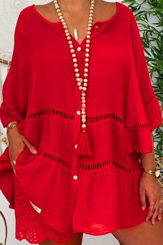 Red Casual Solid Patchwork V Neck Long Sleeve Dresses