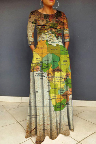 Casual Print Basic O Neck Long Dress Dresses