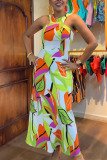 Leaf Print Sleeveless Halter Slim Fit Vacation Maxi Dress