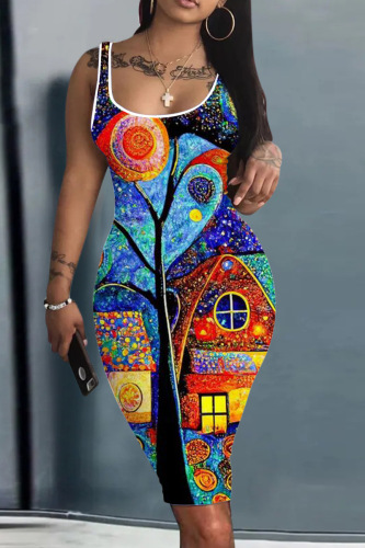 Casual Print Basic U Neck Vest Dress Dresses