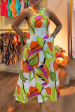 Leaf Print Sleeveless Halter Slim Fit Vacation Maxi Dress