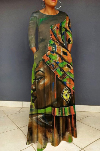 Casual Print Basic O Neck Long Dress Dresses