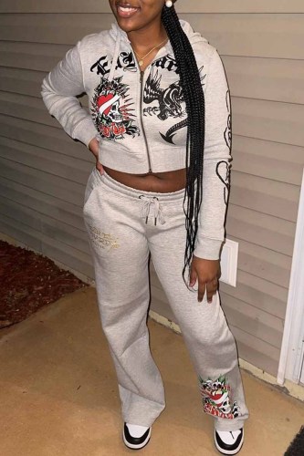 Street Print Letter Hooded Collar Long Sleeve Two Pieces