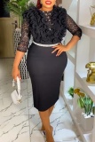 Solid Patchwork O Neck Wrapped Skirt Plus Size Dresses