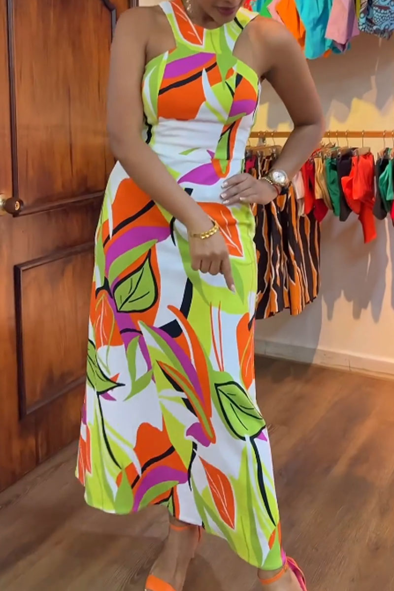 Wholesale Leaf Print Sleeveless Halter Slim Fit Vacation Maxi Dress K98191 Online