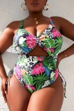 Casual Print Bandage Hollowed Out Backless V Neck Plus Size Swimwear (With Paddings)