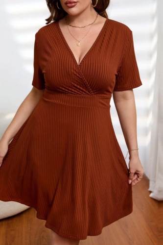 Casual Solid Patchwork V Neck Short Sleeve Dress Plus Size Dresses