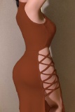 Sexy Casual Solid Slit Turtleneck Long Dress Dresses
