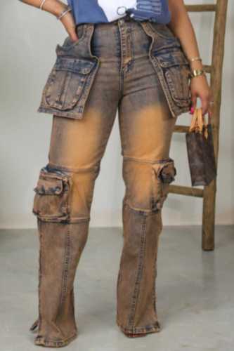 Casual Patchwork Pocket High Waist Straight Denim Jeans