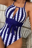 Sexy Striped Print Bandage Buttons Backless Swimwears (With Paddings)