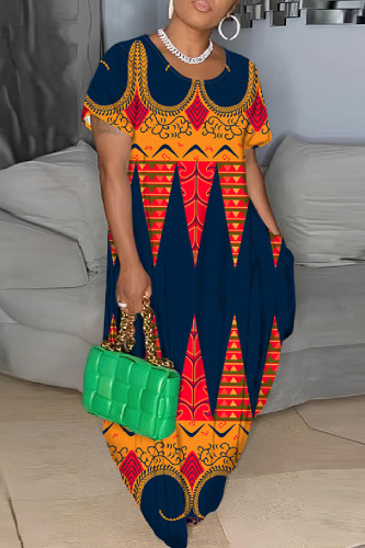 Casual Print Basic O Neck Long Dress Plus Size Dresses