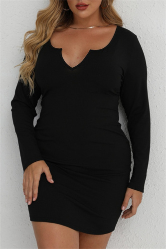 Casual Solid Basic V Neck Long Sleeve Plus Size Dresses