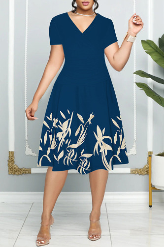 Casual Print Basic V Neck Short Sleeve Dress