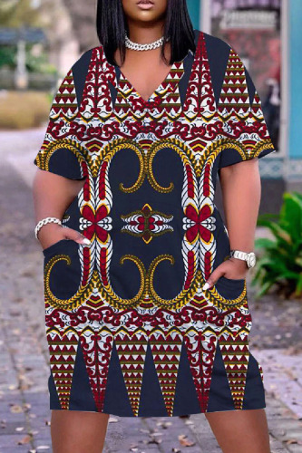 Casual Print Basic V Neck Short Sleeve Dress Casual Print Basic V Neck Short Sleeve Dress