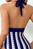 Sexy Striped Print Bandage Buttons Backless Swimwears (With Paddings)
