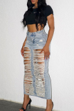 Street Solid Ripped Patchwork Pocket Buttons Zipper Straight High Waist Straight Solid Color Bottoms