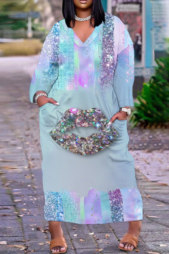 Casual Print Basic V Neck Long Dress Dresses
