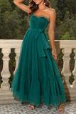 Elegant Formal Solid Frenulum Flounce With Bow Strapless Evening Dress Dresses