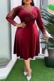 Casual Solid Patchwork Hot Drill V Neck A Line Plus Size Dresses