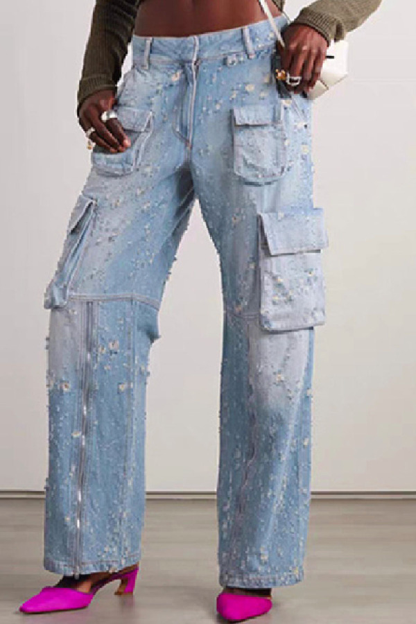 Casual Solid Ripped Patchwork Low Waist Regular Denim Jeans