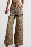 Casual Print Hollowed Out Patchwork Mid Waist Straight Denim Jeans