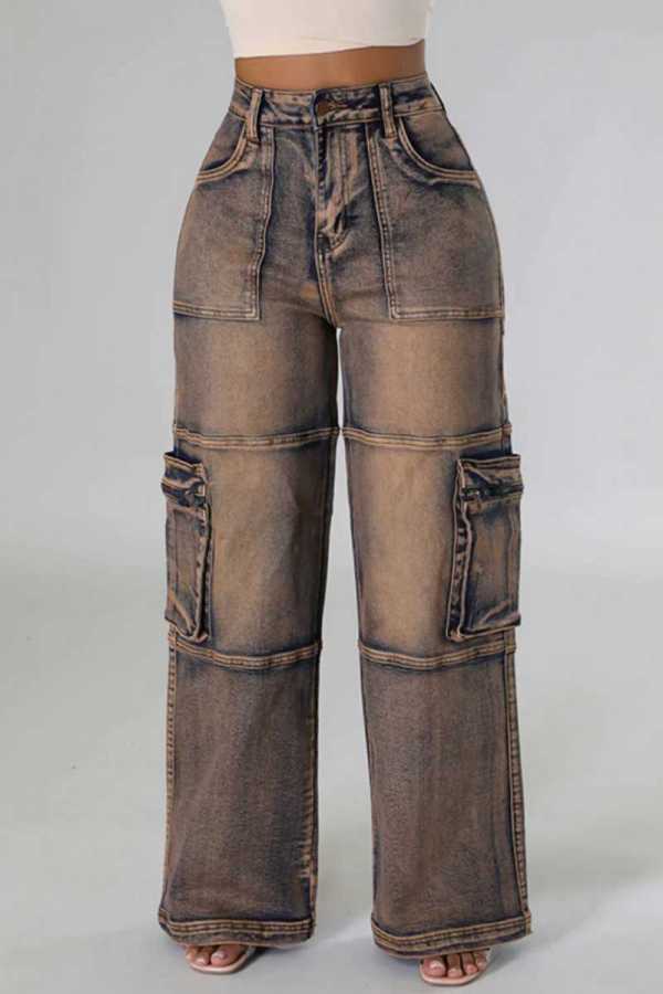 Casual Patchwork Pocket High Waist Straight Denim Jeans