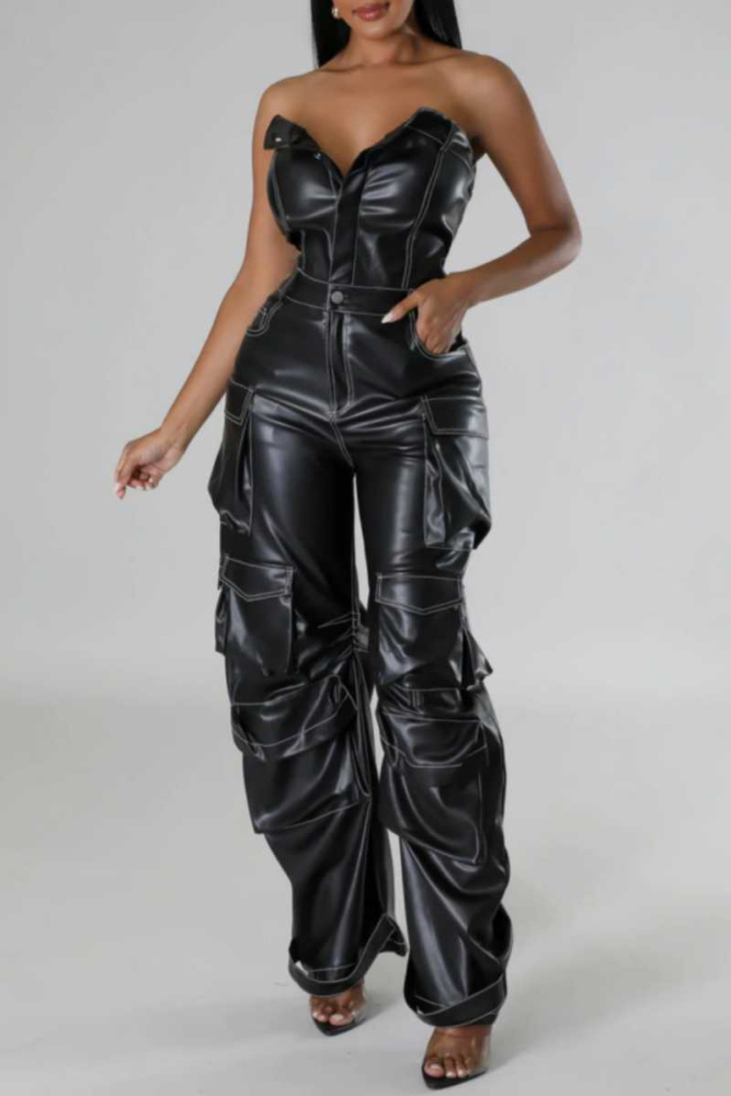 Sexy Solid Backless Strapless Skinny Jumpsuits