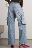 Casual Solid Ripped Patchwork Low Waist Regular Denim Jeans