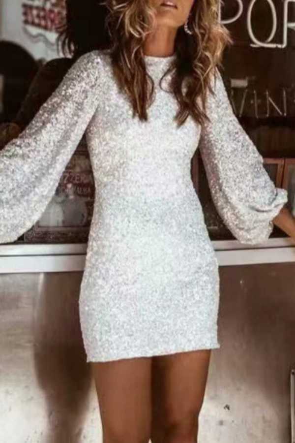 Casual Solid Sequins Patchwork O Neck Long Sleeve Dresses