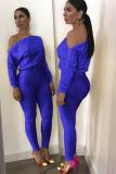Blue Casual zipper Solid Long Sleeve one word collar Jumpsuits